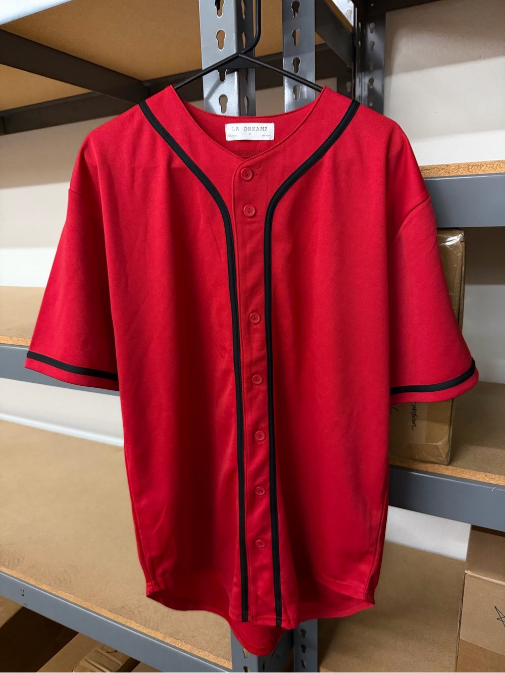 Red Button-Front Baseball Jersey with Black Trim